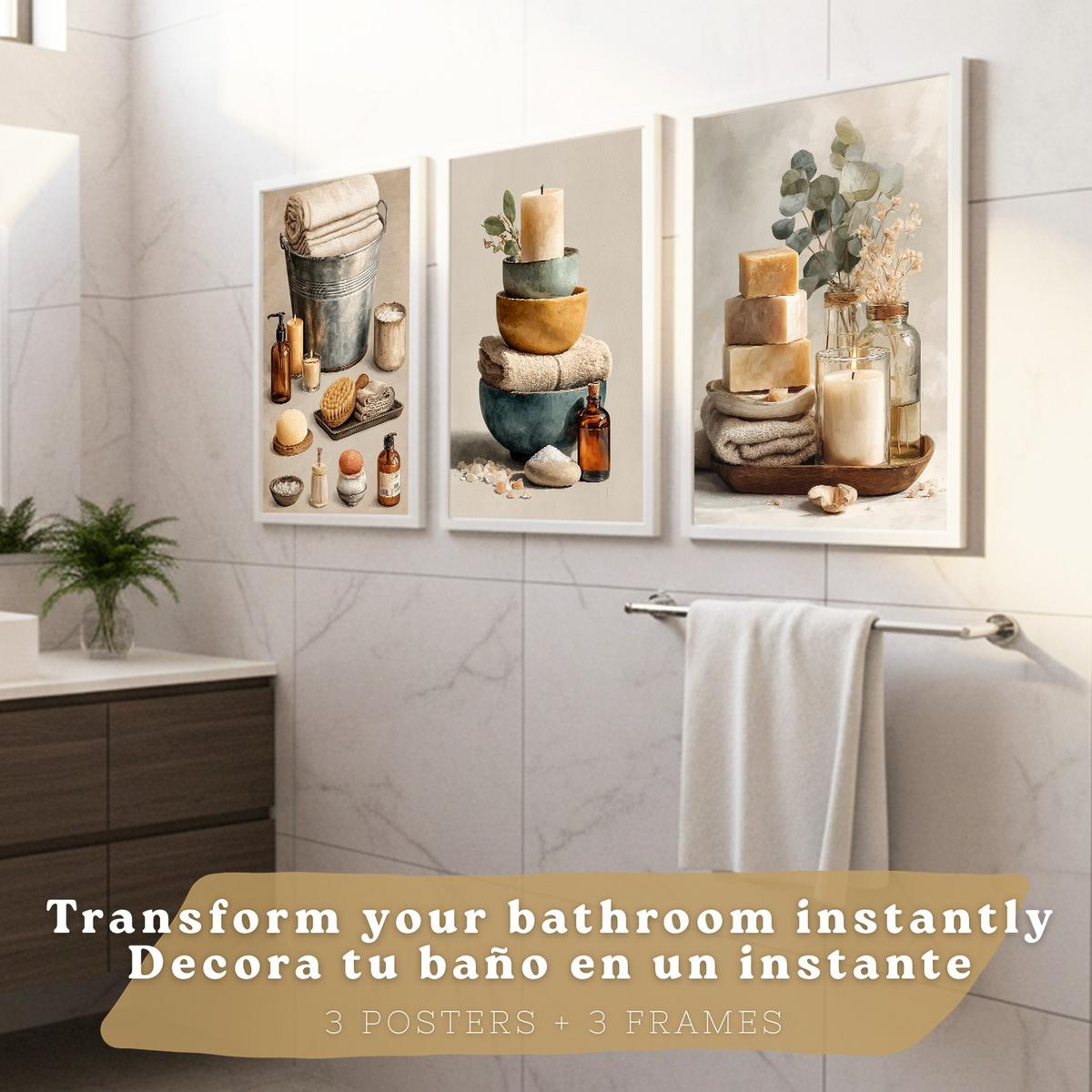 POSTER Set aus 3 Badezimmer Wandbildern und Drucke zur Dekoration für Waschbecken Dusche WC und Bad mit Kerzen Seifen und Handtüchern Weißer Rahmen A4 - Weiß, Papier (29.7/21/3cm) - Nacnic
