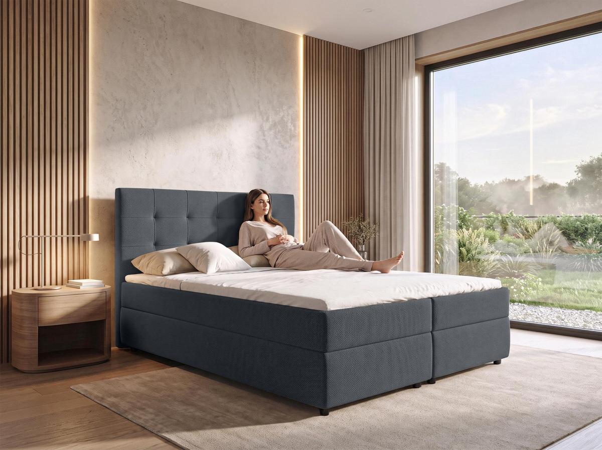 BOXBETT SAKARYA 140x200 cm mit Bettkasten und Matratze - Dunkelgrau + TOPPER - Dunkelgrau/Schwarz, Holz/Holzwerkstoff (140/200cm) - AX Living