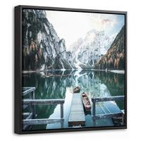 LEINWAND Bilder mit Rahmen - Natur - Berge - Schnee - Wald - Boot - 20x20 - Hellgrün, Textil (20/20cm) - MuchoWow