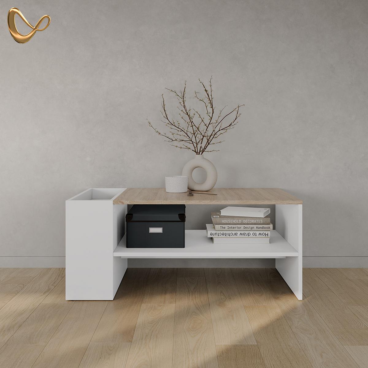 COUCHTISCH Piave Weiß/Sonoma mit Regalen - Weiß/Sonoma Eiche, Holzwerkstoff (55/100/42cm) - Livinity®