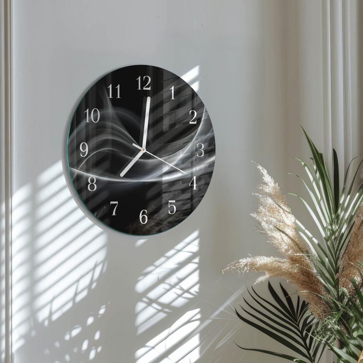 WANDUHR aus Glas Ø30 cm - Abstrakte Linien - Schwarz, Glas (30/30/0.4cm) - TULUP