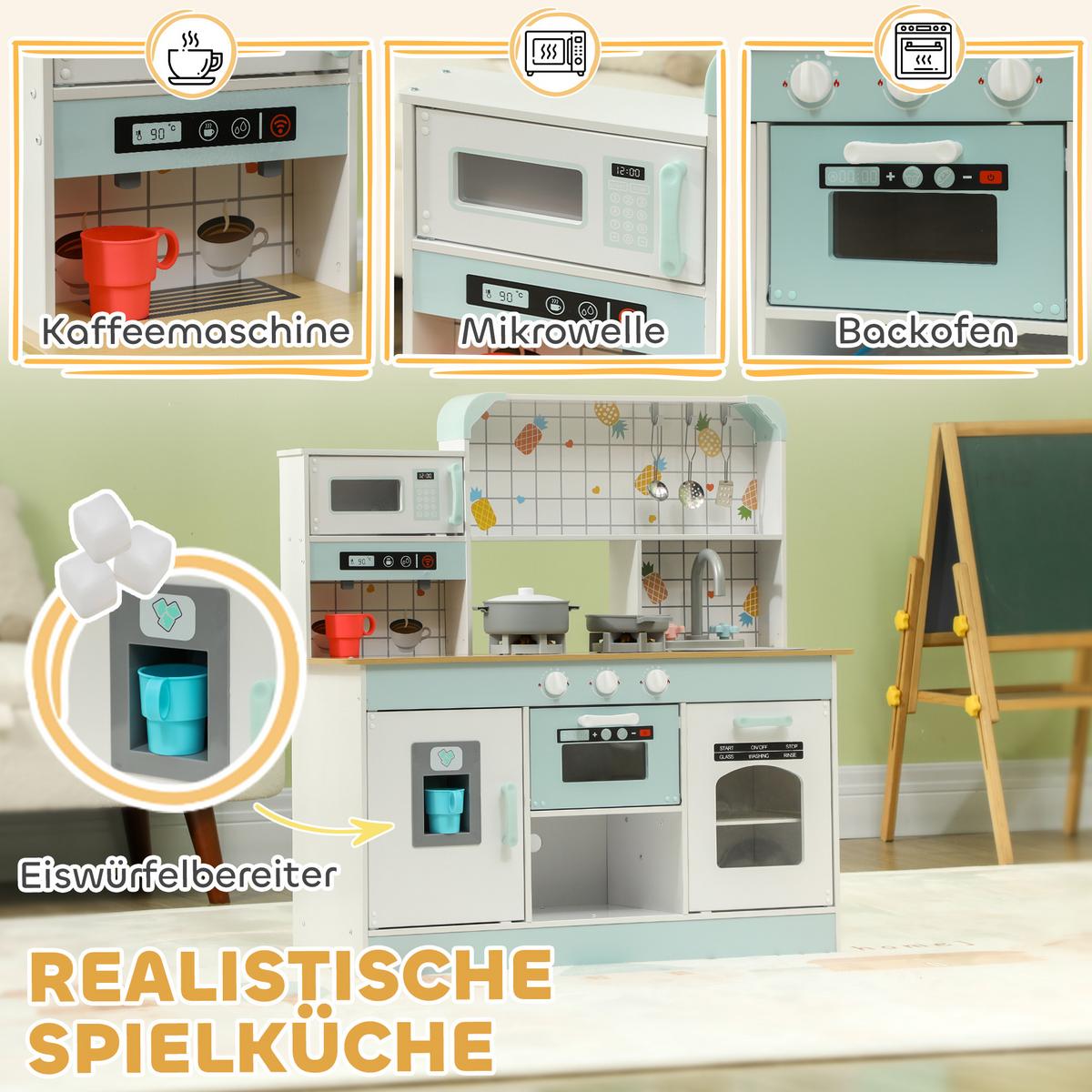 KINDERKÜCHE, Spielküche mit Lichtern, Geräuschen, Kaffeemaschine, Weiß - Weiß, Holzwerkstoff (88.6/31.7/90.4cm) - AIYAPLAY