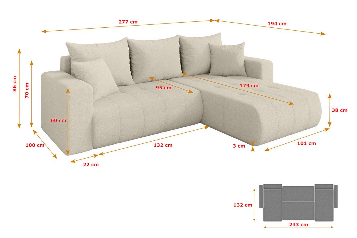 ECKSOFA mit Schlaffunktion Ottomane Rechts MILA-L 277x194x86 Beige Bouclé - Sandfarben/Beige, Holzwerkstoff/Kunststoff (277/194cm) - ALTDECOR