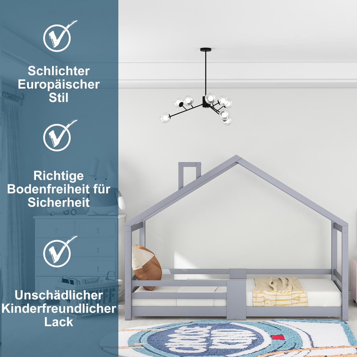 KINDERBETT Hausbett aus Kiefer Massivholz mit Schornstein & Rausfallschutz - Grau, Holz (209/143/96cm) - Urban Meuble