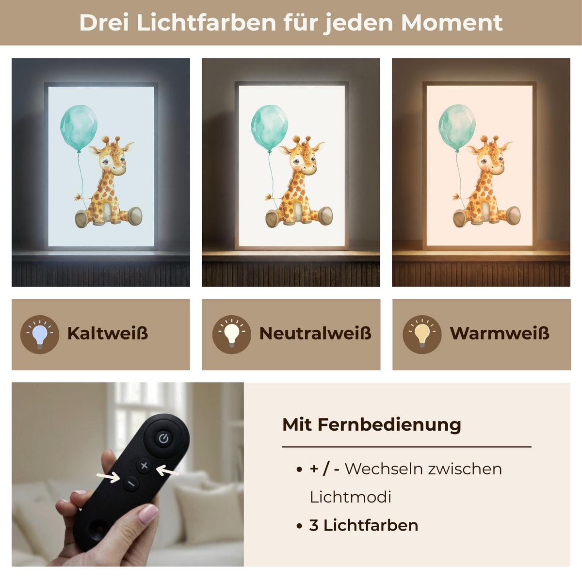 NACHTTISCHLAMPE MIT AKKU Giraffe - Baby - Tiere - Blauer Ballon 40x60 cm - Weiß, Holzwerkstoff (8/40/60cm) - OnlyWow