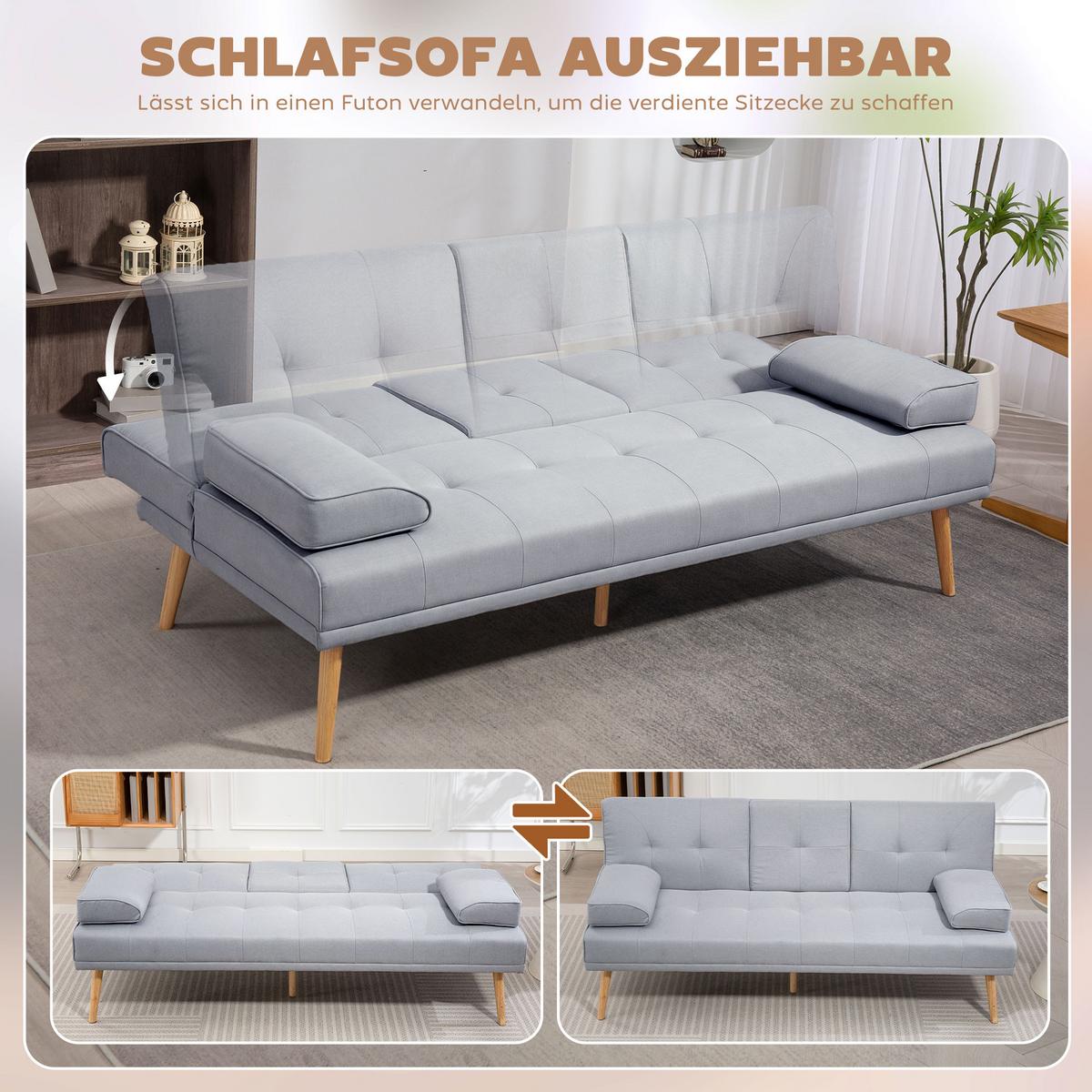 SCHLAFSOFA Sofabett Schlafcouch 3 Sitzer Leinen Hellgrau - Hellgrau/Naturfarben, Holz/Textil (77/78/181cm) - HOMCOM