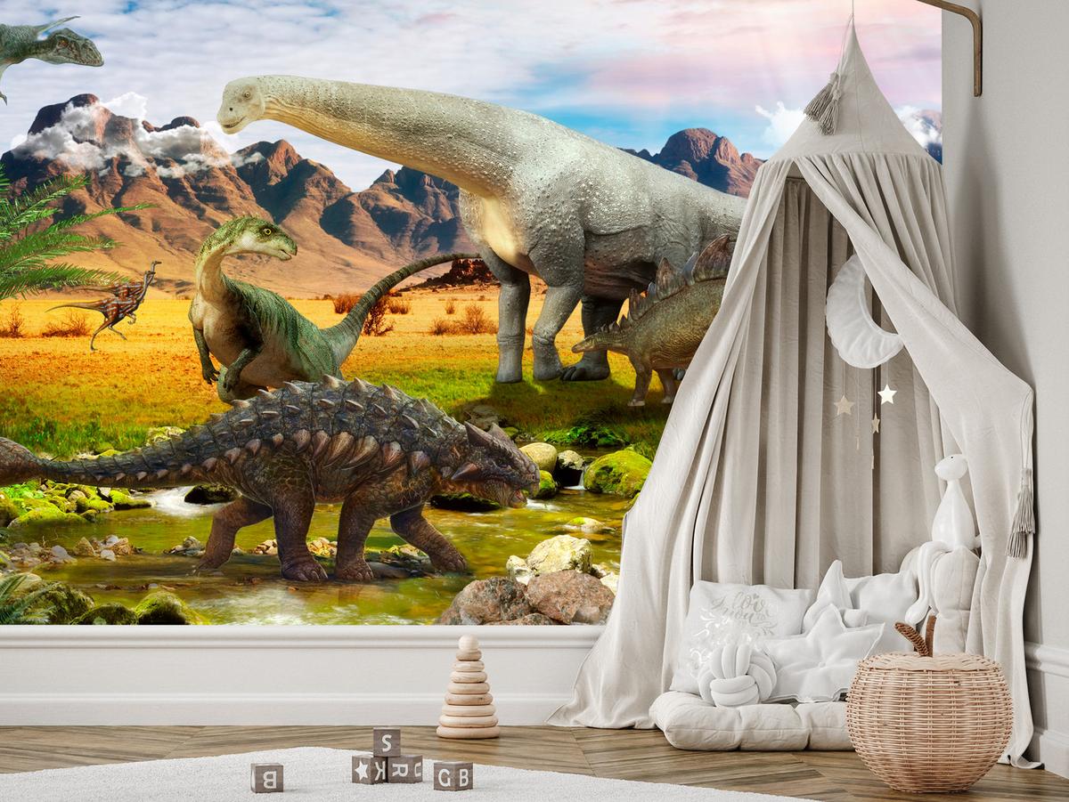 FOTOTAPETE für Kinderzimmer Dinosaurier Berge aus Felsen Bäume 100x70 - Multicolor, Papier (100/70cm) - Muralo