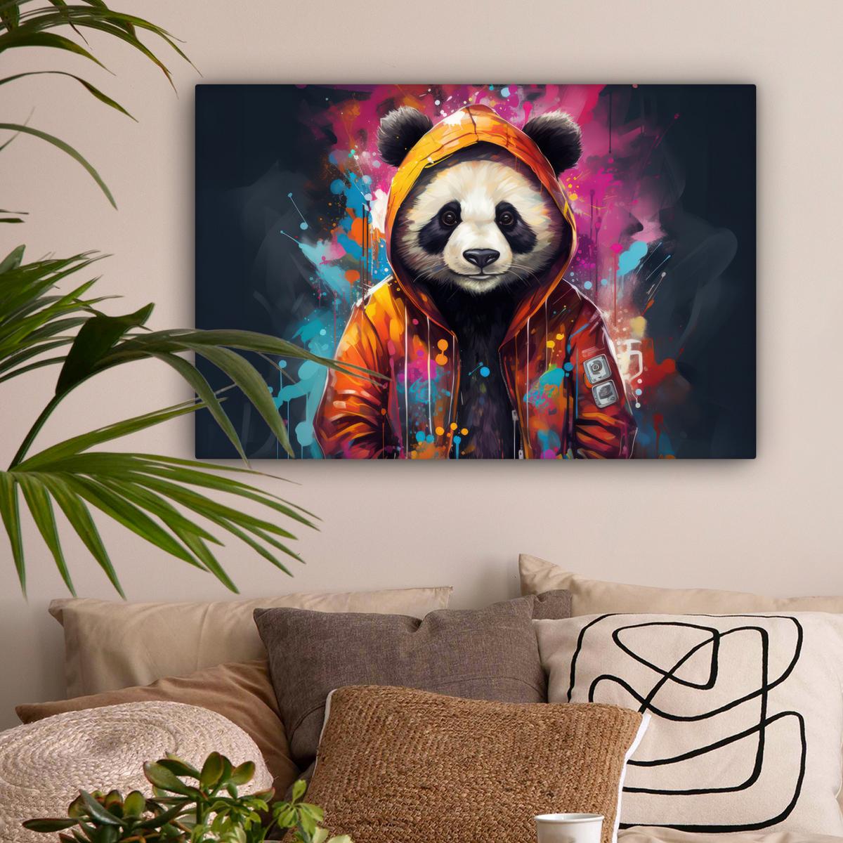 LEINWANDBILD Panda - Jacke - Graffiti - Orange XXL 150x100 cm - Orange, Textil (150/100cm) - MuchoWow