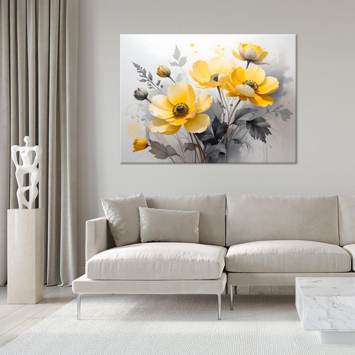 WANDBILD, Gelbe Blumen auf hellem Hintergrund mit dezentem Gold - Gelb, Textil (45/30cm) - Feeby
