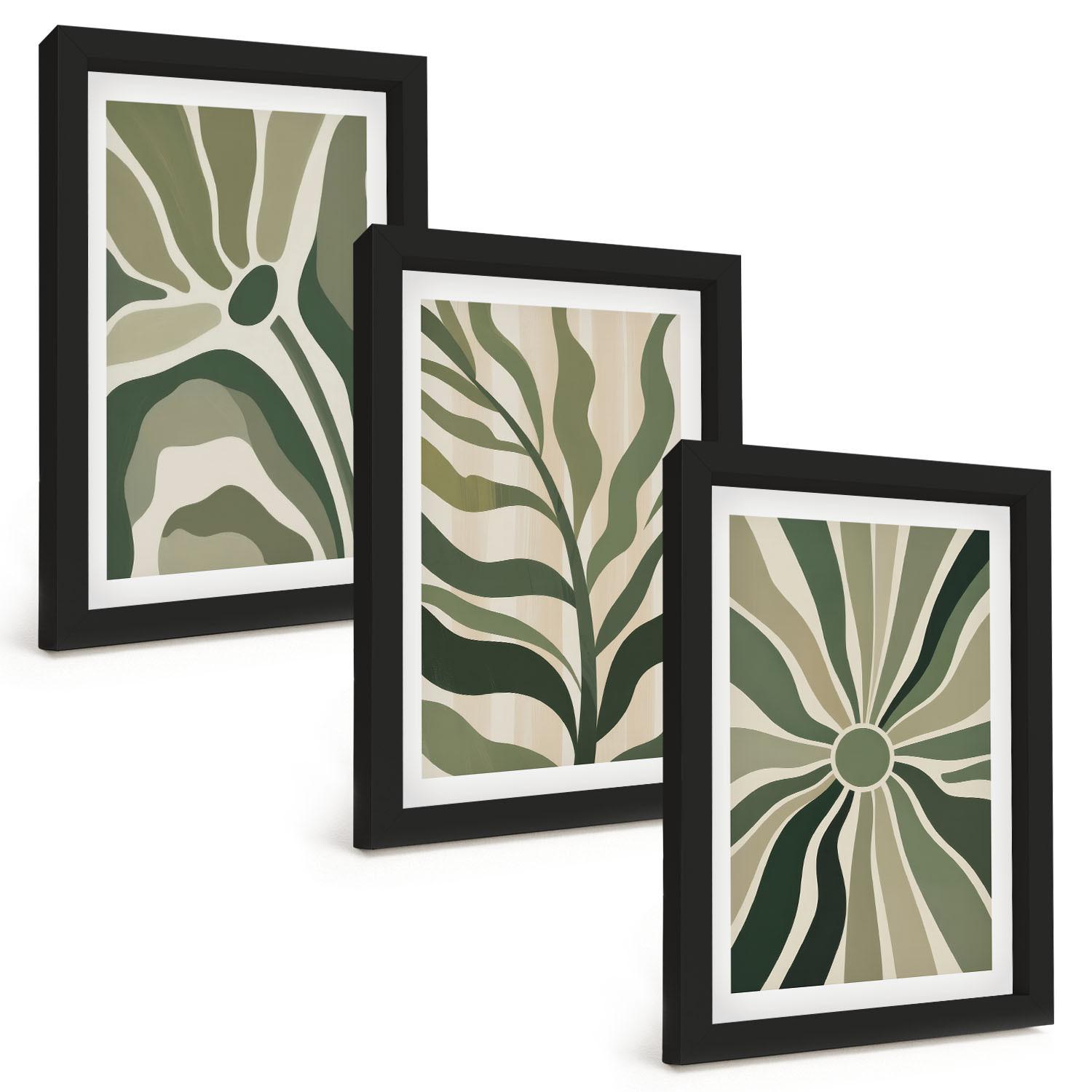 BILDER SET 3er Set - 20x30 cm Schwarzer Rahmen - Grüne und beige Pflanzenmuster - Schwarz, Kunststoff (20/30cm) - TULUP