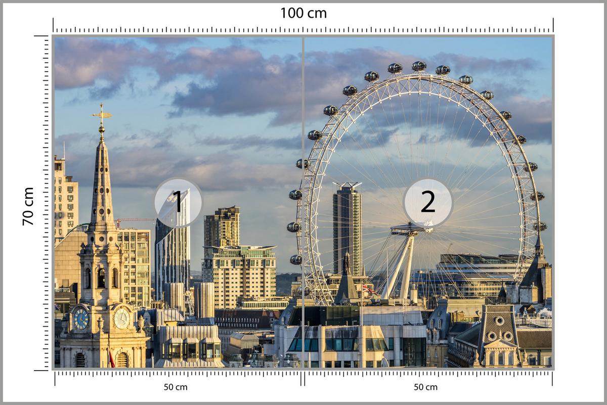 FOTOTAPETE für Schlafzimmer London Eye Skyline Wolkenkratzer Stadt 100x70 - Blau/Beige, Papier (100/70cm) - Muralo