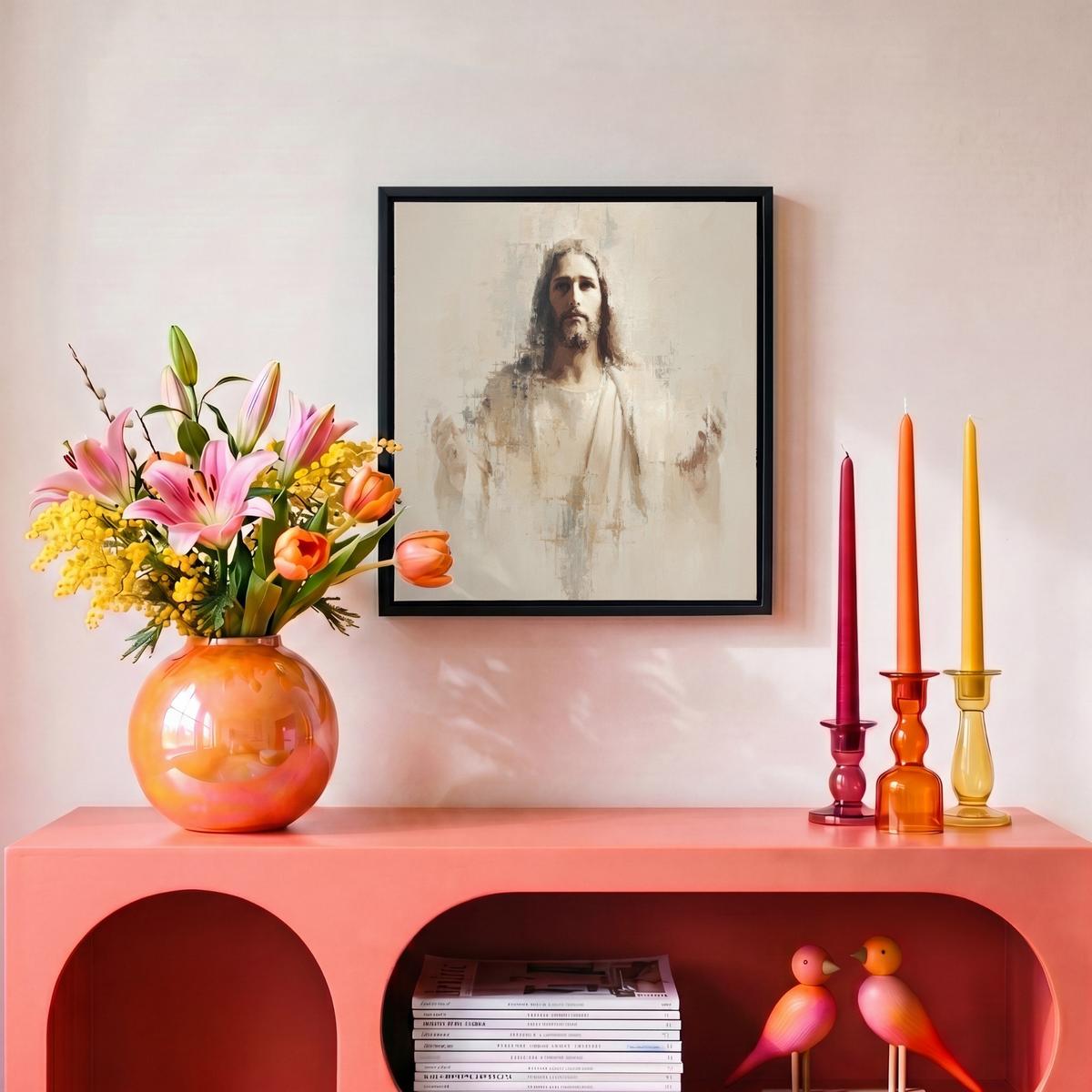 LEINWAND Bilder mit Rahmen - Porträt - Abstrakt - Jesus - Beige - 20x20 - Beige, Textil (20/20cm) - MuchoWow