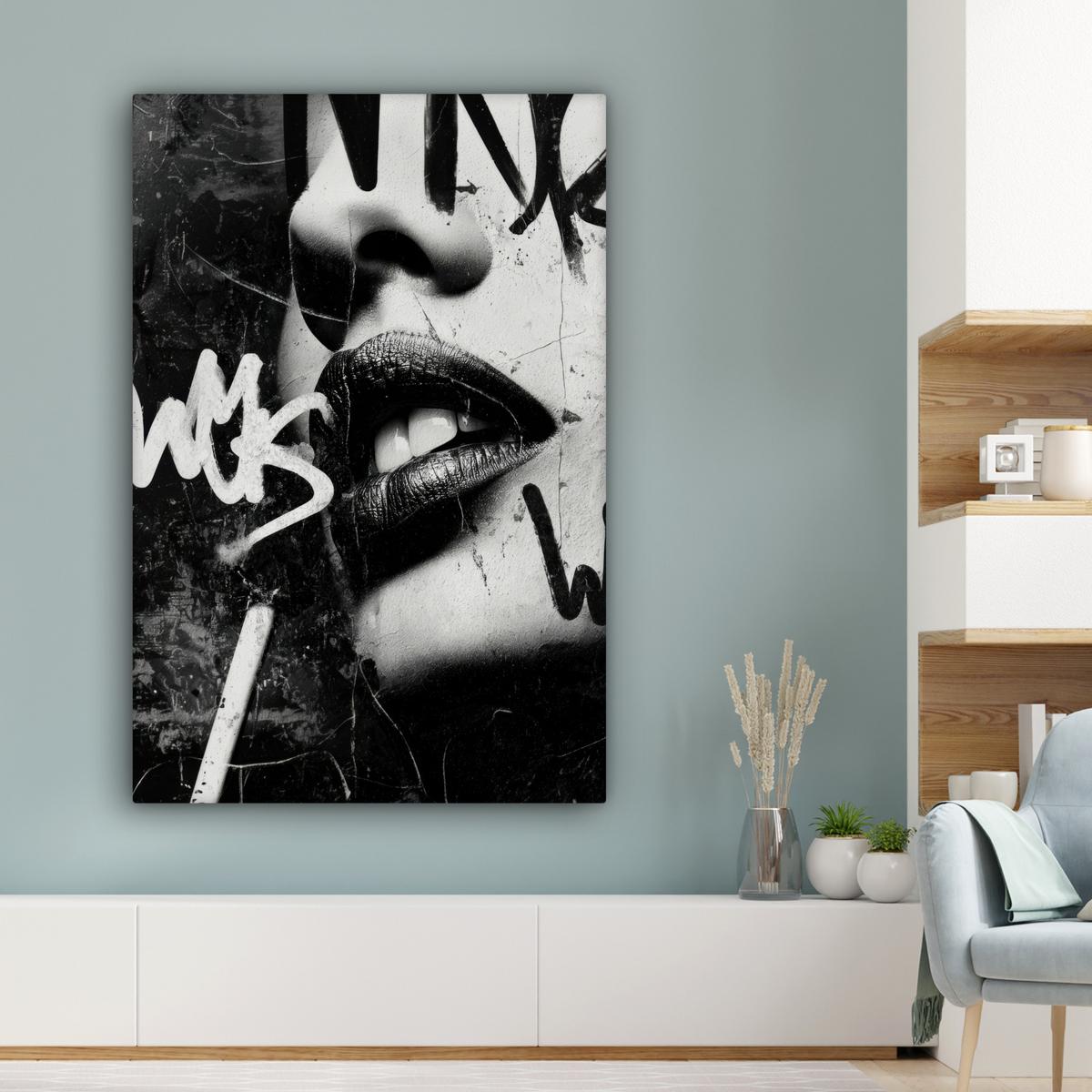 LEINWANDBILD Gesicht - Mund - Graffiti - Schwarz Deko Groß 90x140 cm - Schwarz, Textil (90/140cm) - MuchoWow