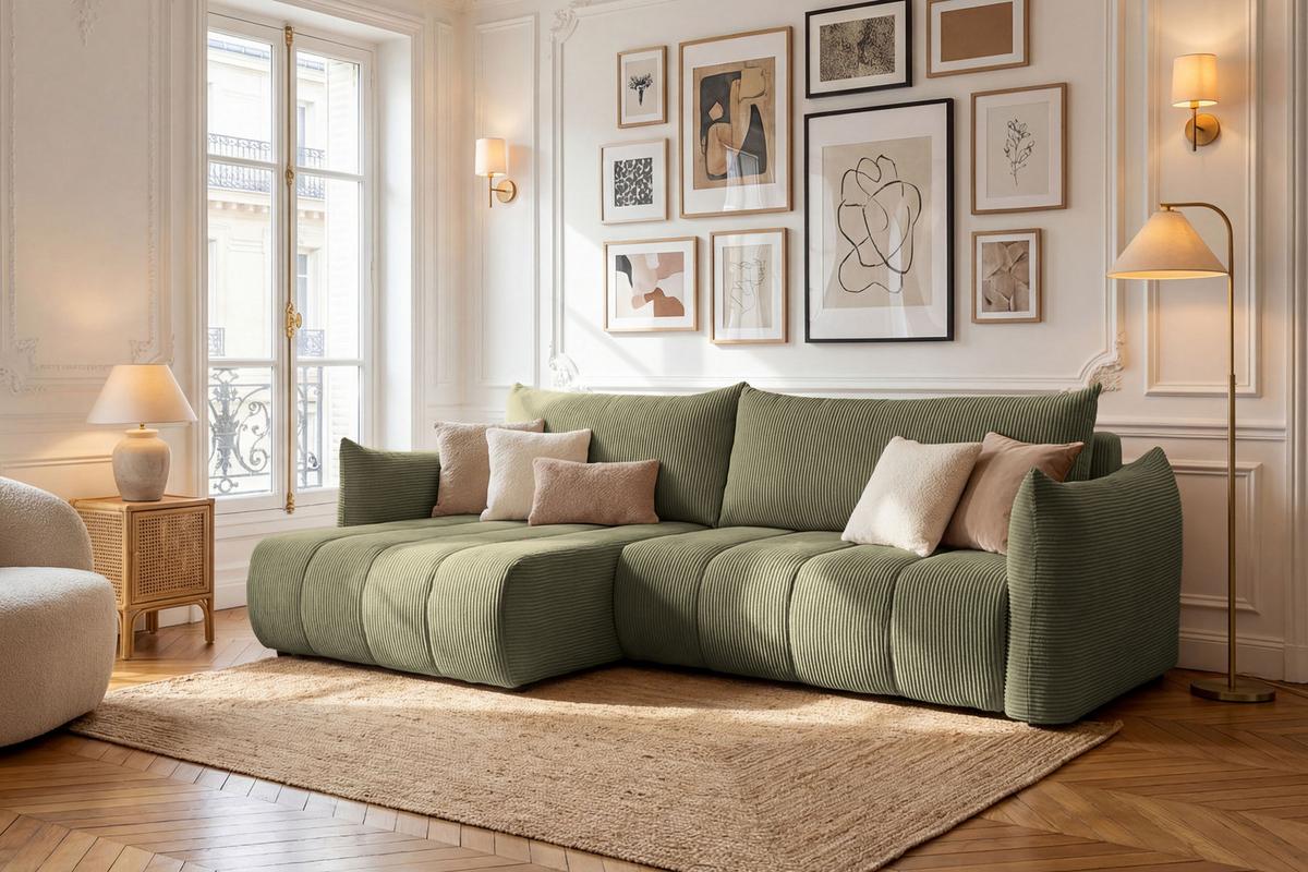 ECKSOFA Liv mit Schlaffunktion & Bettkasten in Cordstoff Olivgrün, Universell 260/154/86 cm - Schwarz/Olivgrün, Kunststoff/Textil (260/154cm) - WFL GROUP