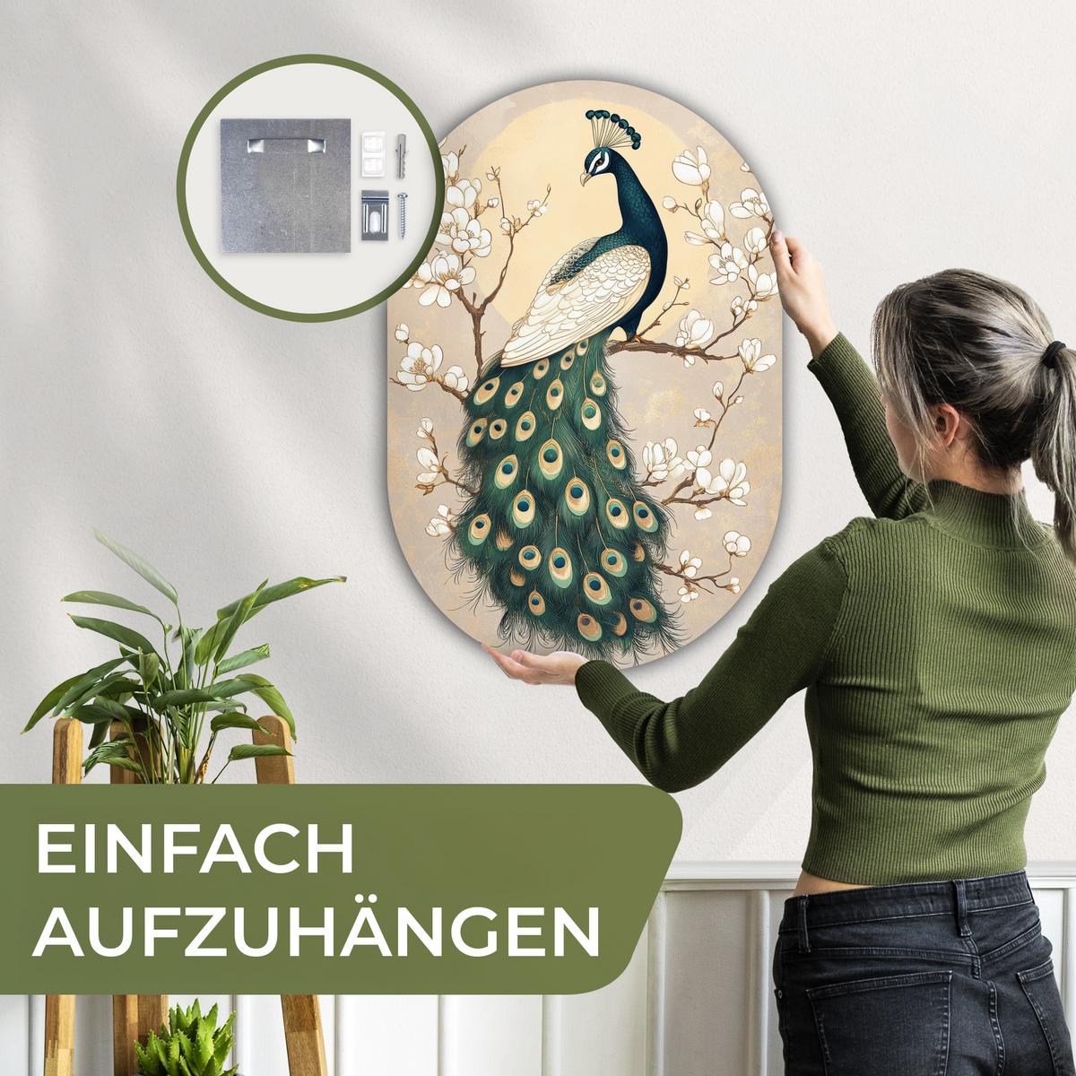 WANDBILD Pfau - Zweig - Blumen Wanddeko Schlafzimmer 60x90 cm - Champagner, Kunststoff (60/90cm) - MuchoWow