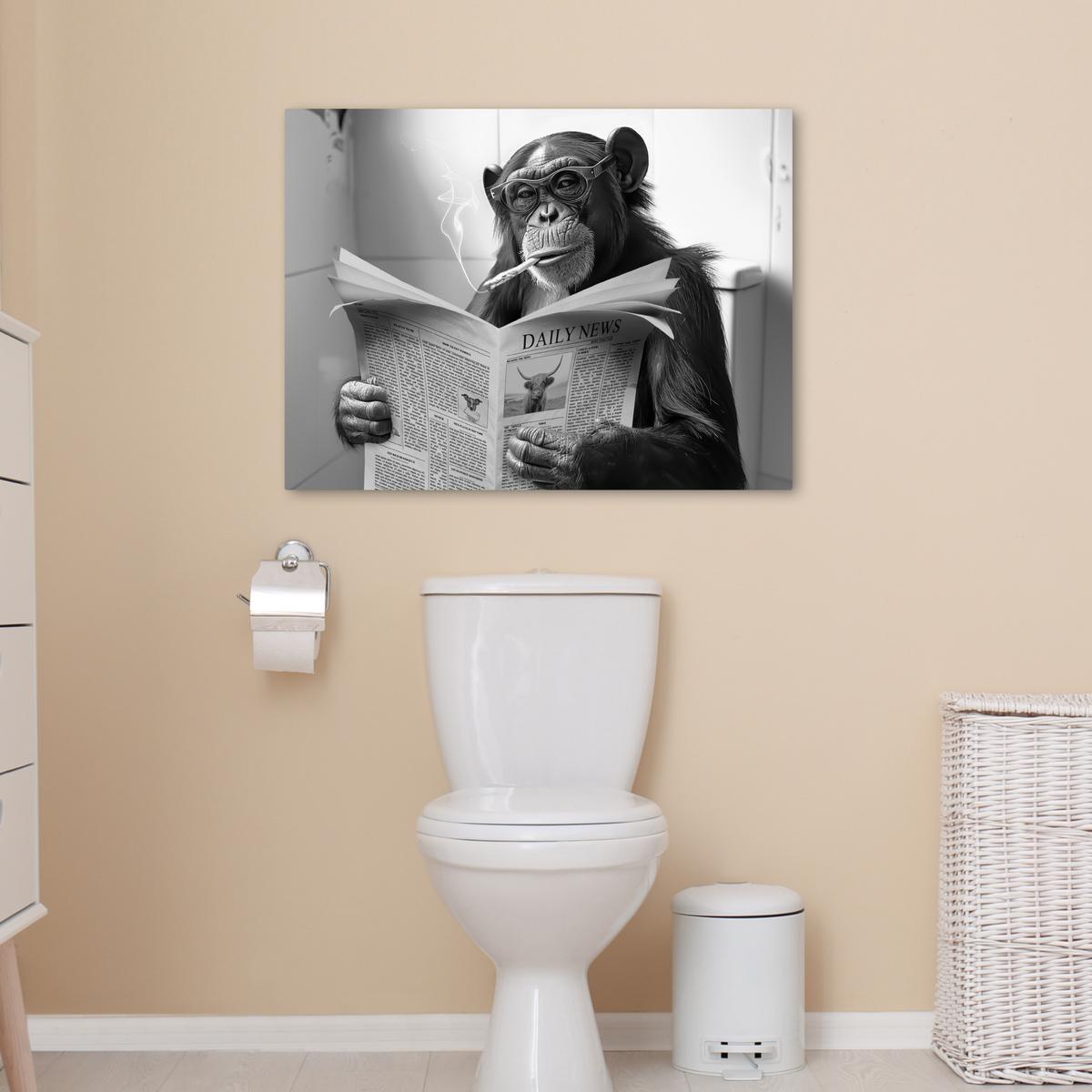 LEINWANDBILD Affe - WC - Zeitung - Schwarz-Weiß - Humor Wandbilder 80x60 cm - Hellgrau, Textil (80/60cm) - MuchoWow