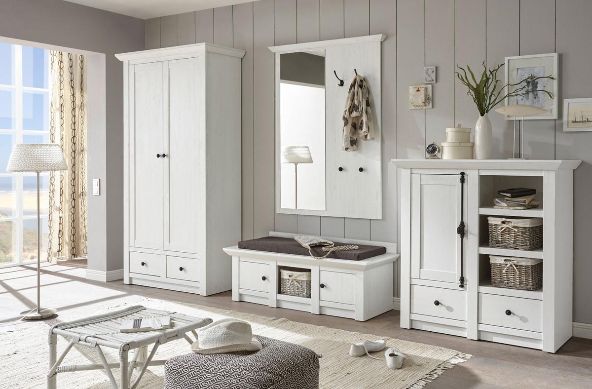 GARDEROBE Pinie weiß Set 3-teilig 220 cm, Komplettset Landhaus - Schwarz/Weiß, Glas/Holzwerkstoff (220/206/45cm) - Furn.Design