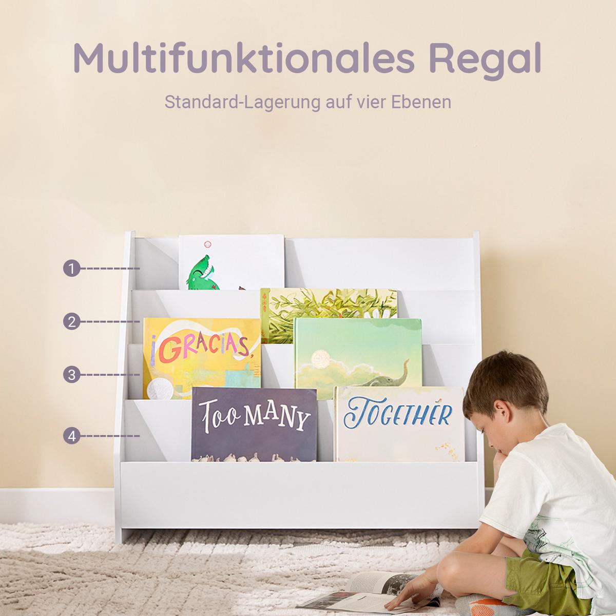 KINDER-BÜCHERREGAL mit 4 offenen Fächer, Weiß 70x60x30cm - Weiß, Holzwerkstoff (70/60/30cm) - SoBuy