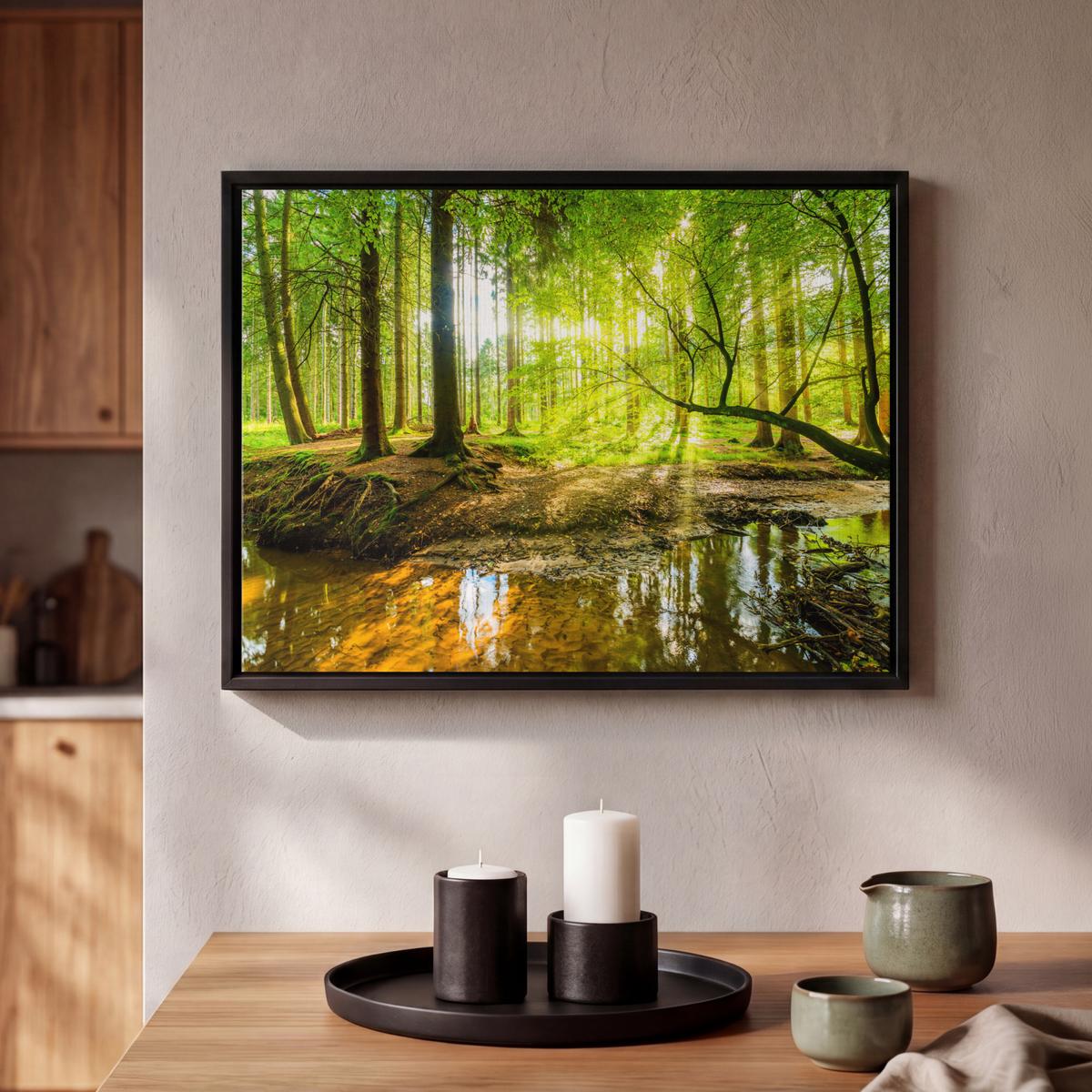 LEINWAND Bilder mit Rahmen - Wald - Landschaft - Wasser - Bäume - Sonne - Grün - Natur - 40x30 - Grün, Textil (40/30cm) - MuchoWow