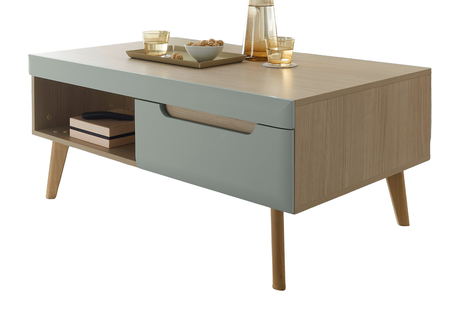 COUCHTISCH Pistazie grün, Eiche, skandinavisch 107 cm, Wohnzimmertisch mit Stauraum - Eichefarben/Pastellgrün, Eichenholz/Holz (107/67/46cm) - Furn.Design