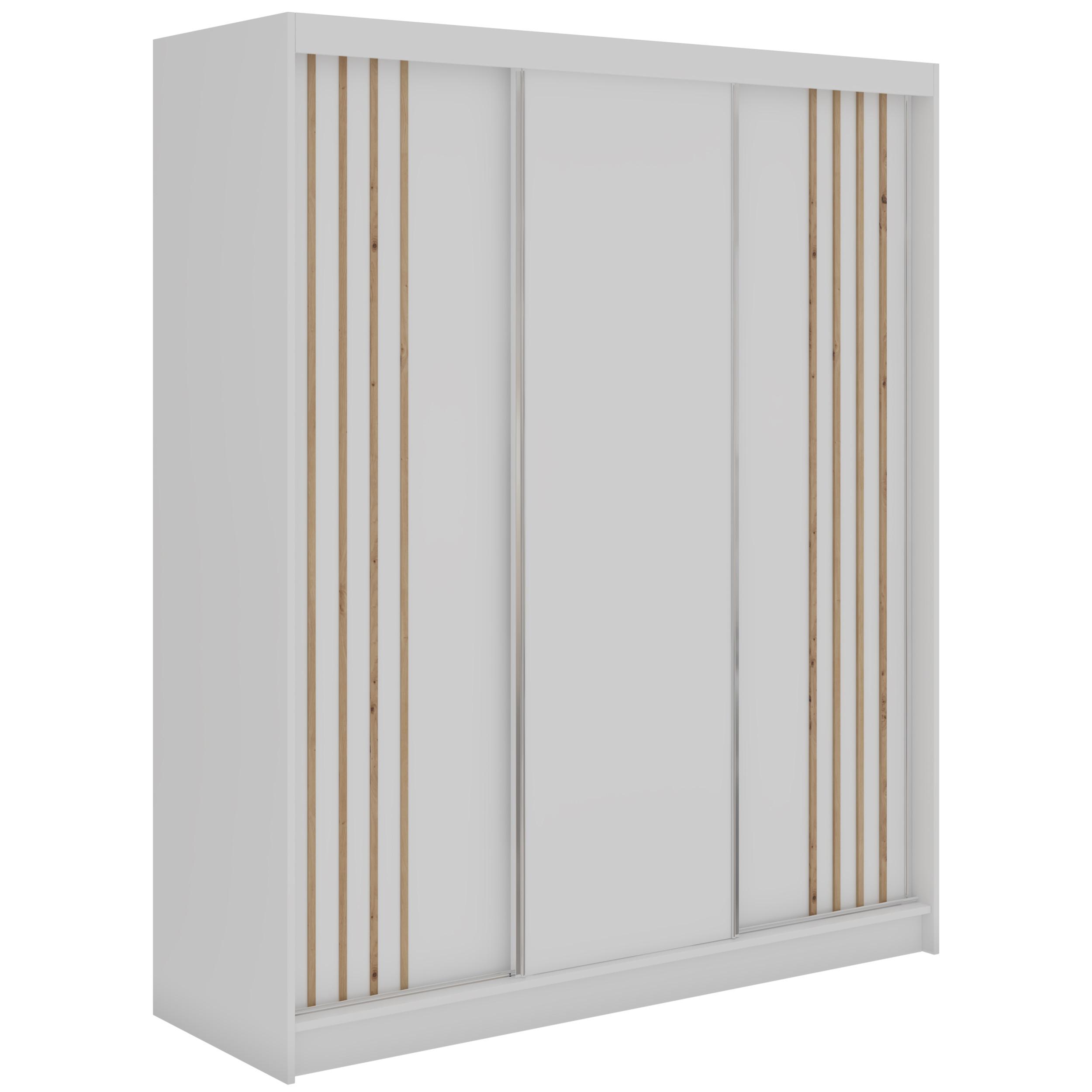SCHWEBETÜRENSCHRANK mit Lamellen und Schubladen NAURU - 180 - Weiß und Eiche Artisan - Alufarben/Weiß, Holzwerkstoff/Metall (180/216/61cm) - MKS