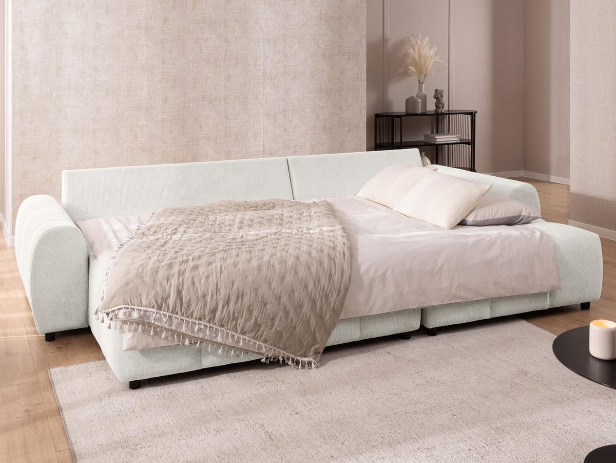 ECKSOFA inkl. Hocker Bubble mit Schlaffunktion und losen Rückenkissen, Sitzfläche in Bubble-Optik aus weichem Creme Strukturstoff - Ottomane Rechts - Creme/Schwarz, Holz/Kunststoff (306/180cm) - S-Style Möbel