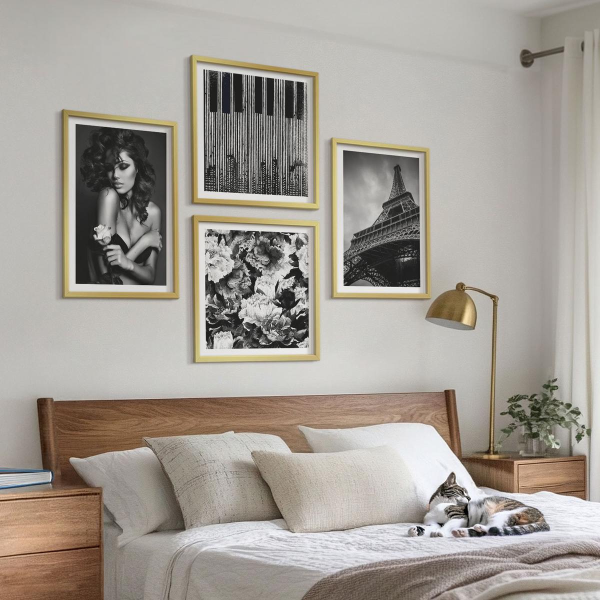 BILDER SET 4er Set - 50x50 cm & 40x60 cm Goldrahmen - Porträt einer Frau mit einer Eiffel-Rose - Goldfarben, Kunststoff (50/50cm) - TULUP