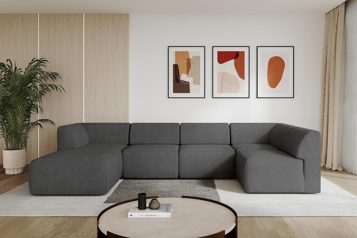 WOHNLANDSCHAFT Ottomane Links MOVO-L 345x180x78 cm Dunkelgrau Velours - Eschefarben, Holzwerkstoff/Kunststoff (345/78/180cm) - ALTDECOR