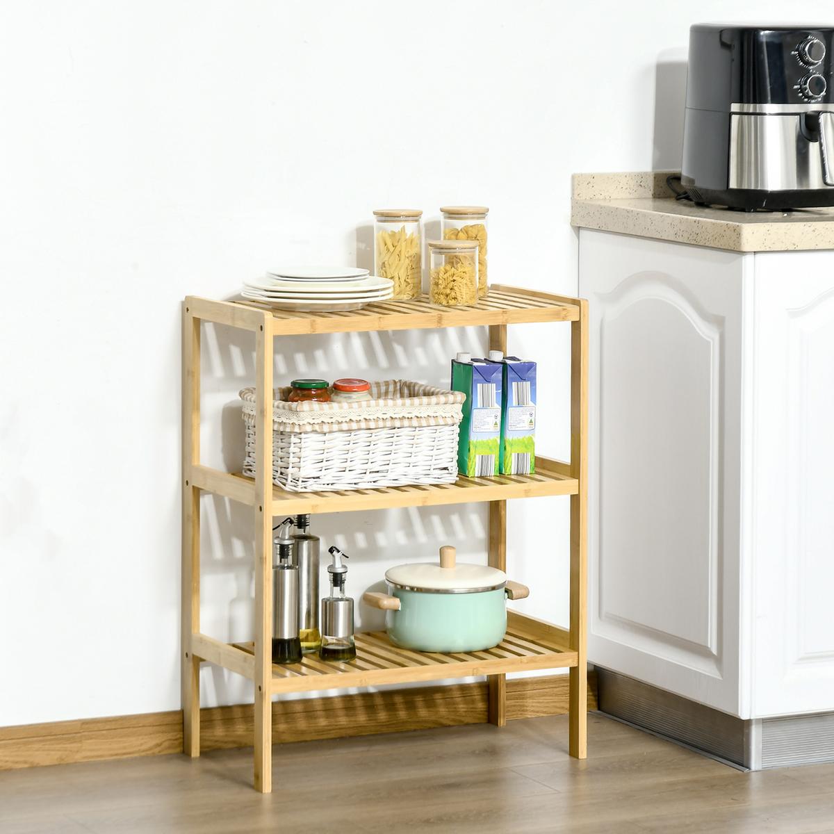 BADREGAL Standregal mit 3 Ebenen, Bambusregal, Küchenregal, für Bad, Küche - Naturfarben, Naturmaterialien (33/80/62cm) - HOMCOM