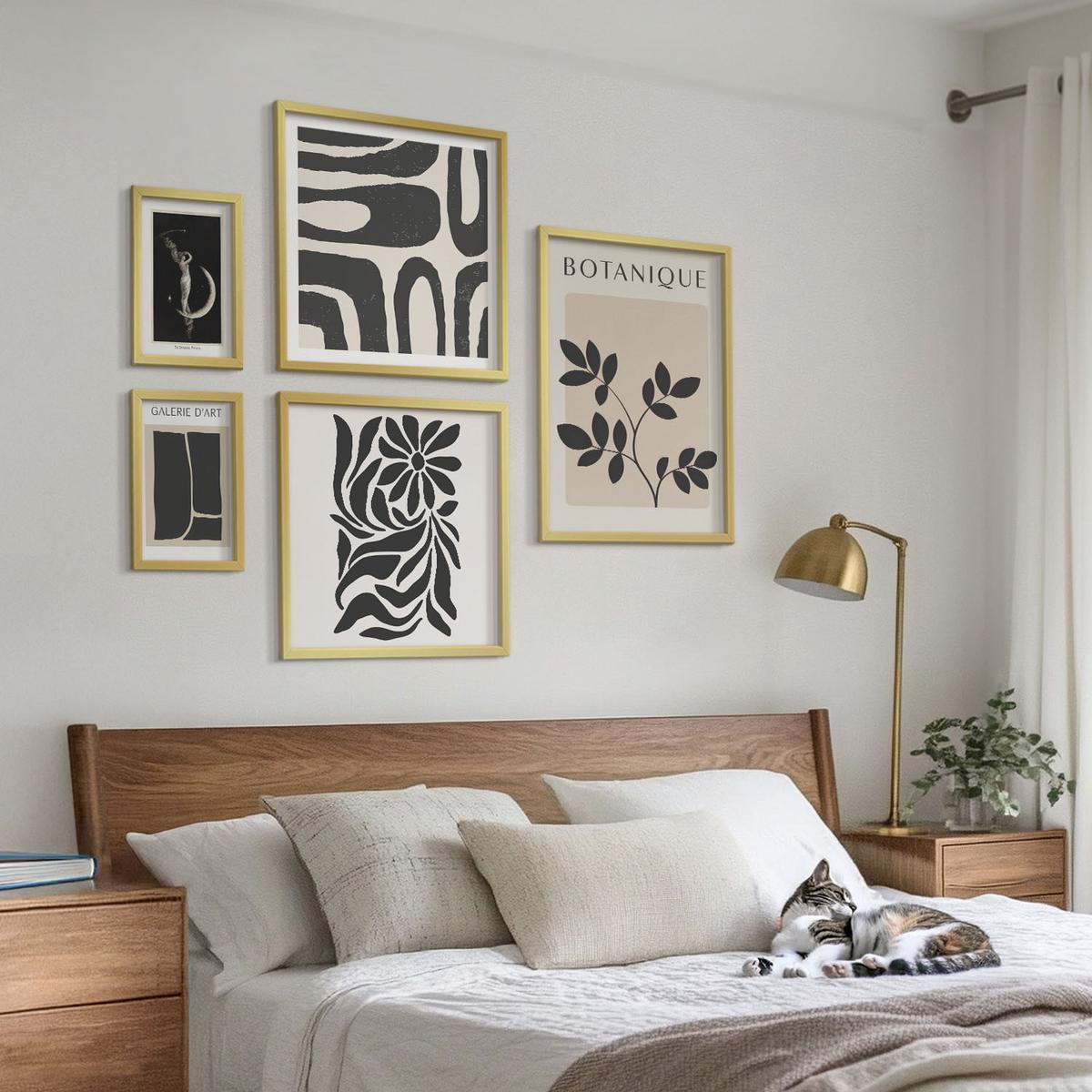 BILDER SET 5er Set - 50x50 cm & 20x30 cm & 40x60 cm Goldrahmen - Abstrakte Pflanzenmuster - Goldfarben, Kunststoff (40/60cm) - TULUP
