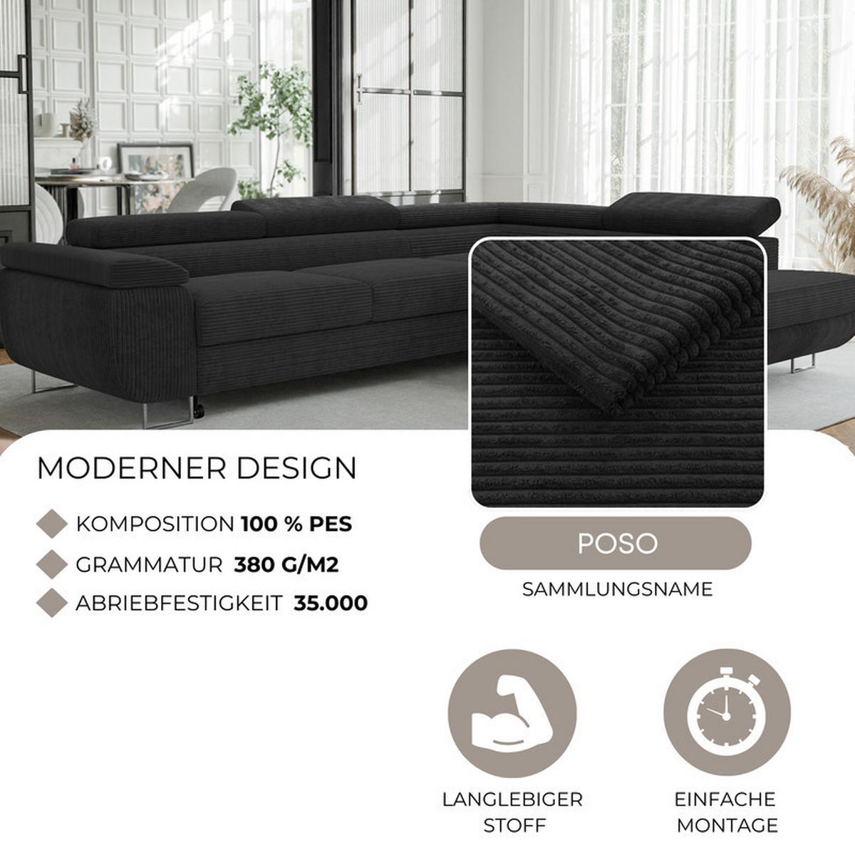 ECKSOFA ANTON rechts, mit Schlaffunktion und Bettkasten Anthrazit - Chromfarben/Anthrazit, Textil/Metall (274/203cm) - Idohome