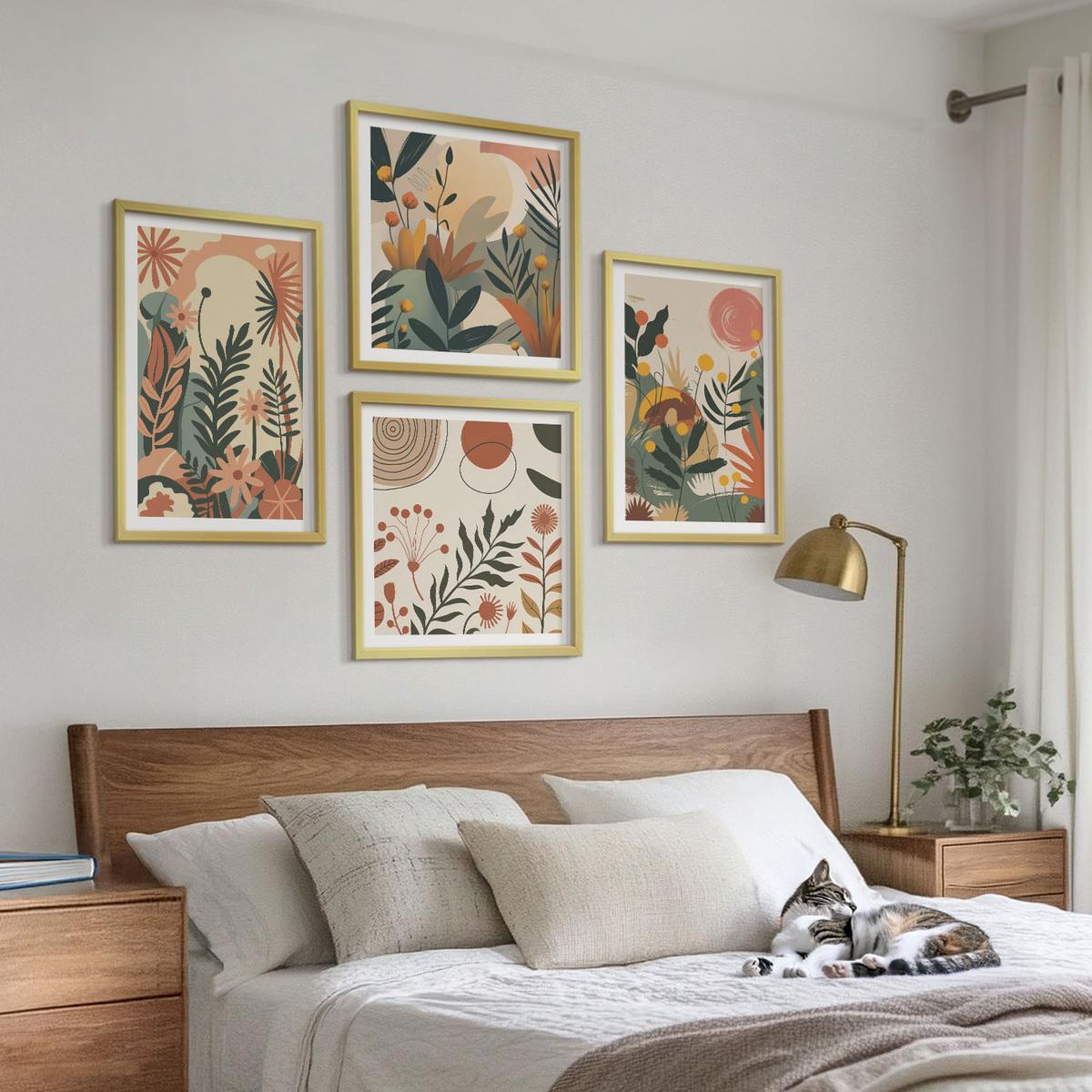 BILDER SET 4er Set - 50x50 cm & 40x60 cm Goldrahmen - Pastellfarbene Pflanzenmuster - Goldfarben, Kunststoff (50/50cm) - TULUP