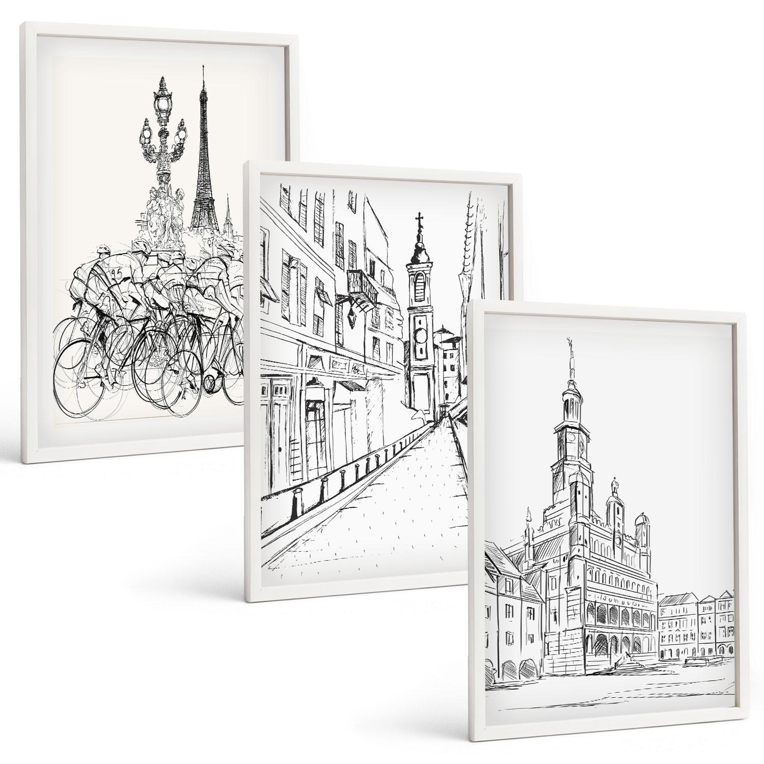 BILDER SET 3er Set - 40x60 cm Weißer Rahmen - Einfache Zeichnungen von Stadtlandschaften - Weiß, Kunststoff (40/60cm) - TULUP