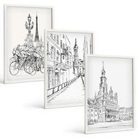 BILDER SET 3er Set - 40x60 cm Weißer Rahmen - Einfache Zeichnungen von Stadtlandschaften - Weiß, Kunststoff (40/60cm) - TULUP