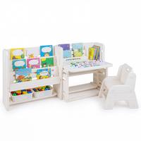KINDERTISCH-STUHL-SET mit Bücherregal beige(2-tlg) - Beige, Kunststoff (135/68/51cm) - COSTWAY