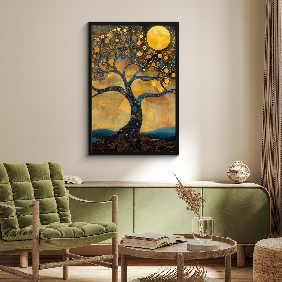 POSTER MIT RAHMENGERAHMTES BILD Baum - Mond - Blumen - Gold - Kunst 60x90 cm - Orange, Papier (60/90cm) - MuchoWow
