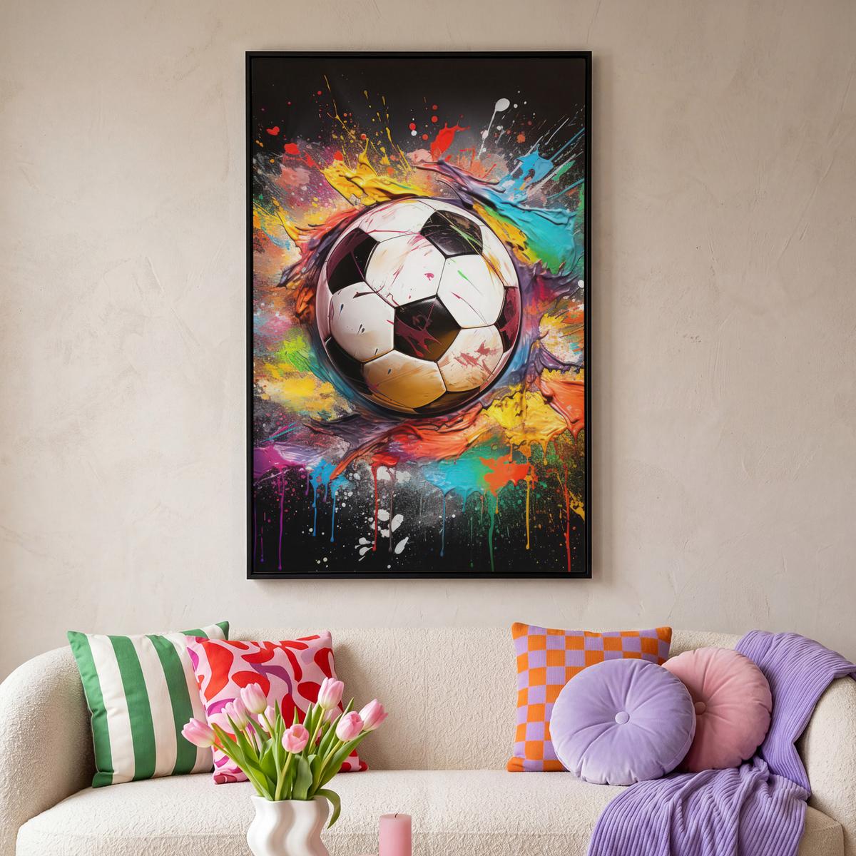 LEINWAND Bilder mit Rahmen - Fußball - Farbe - Farben - Schwarz - Weiß - 100x150 - Weiß, Textil (100/150cm) - MuchoWow