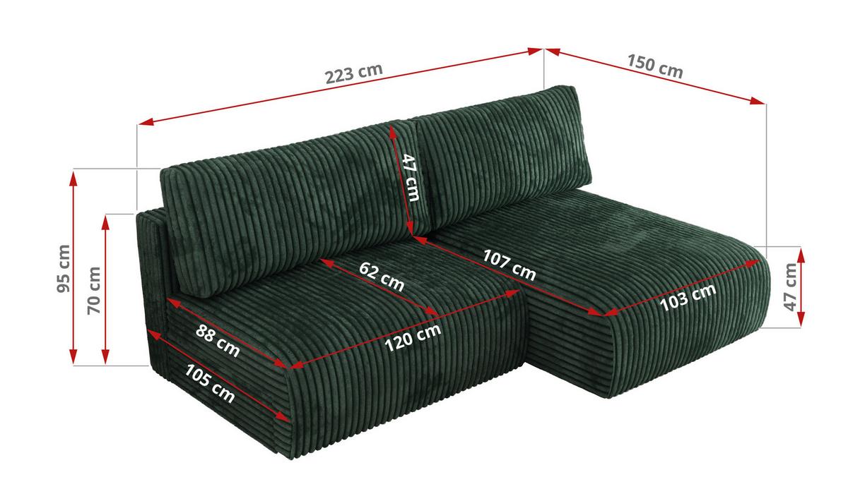 ECKSCHLAFSOFA VIVO L Grün Cord - rechts - Schwarz/Grün, Kunststoff/Textil (150/223cm) - MKS