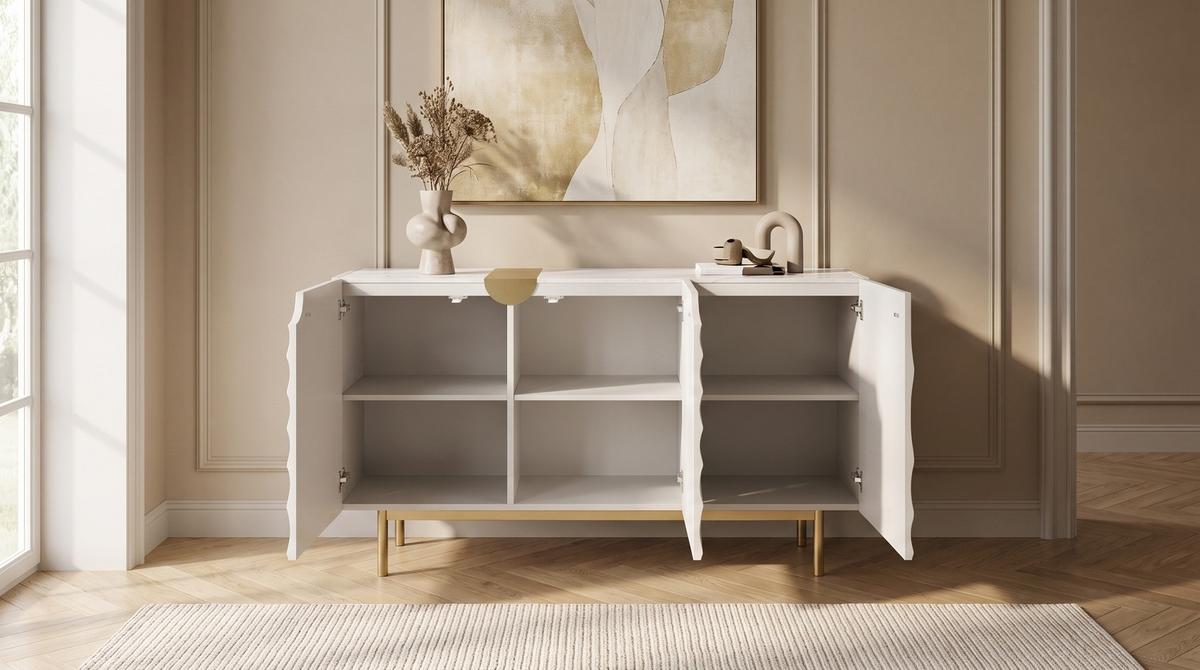 SIDEBOARD FREEDA Weiß Holz - Goldfarben/Weiß, Holz/Metall (140/200cm) - KAWOLA