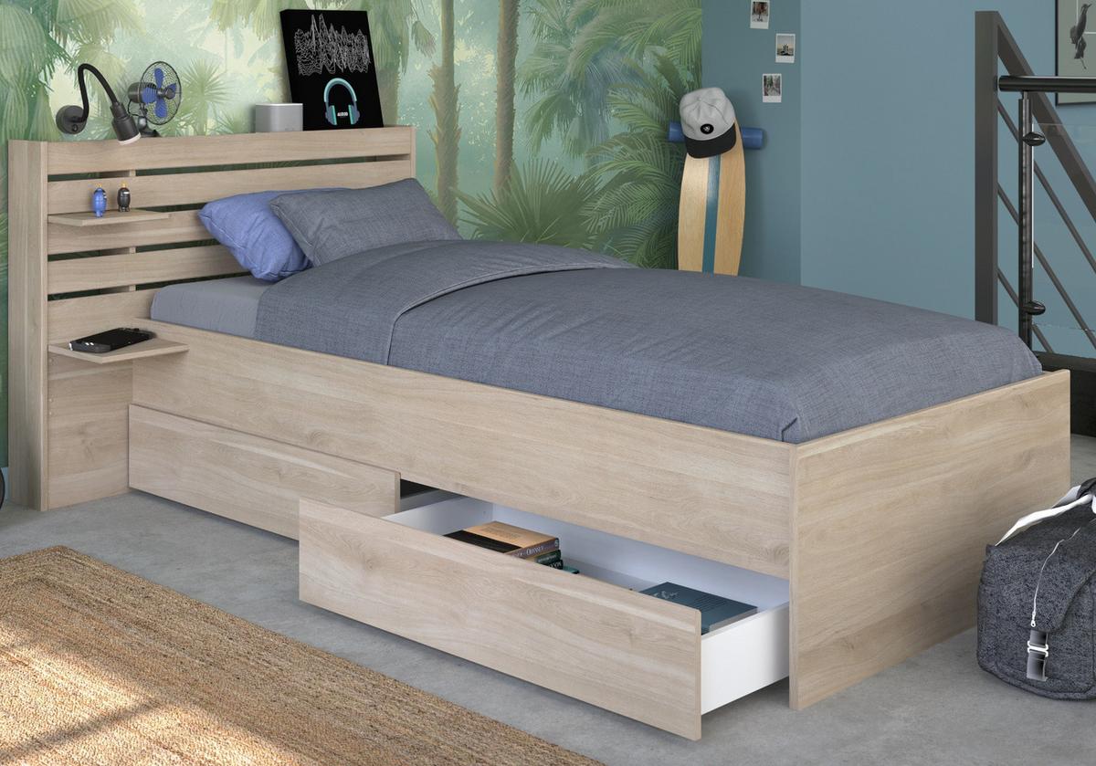 STAURAUMBETT Jugendzimmer Bett 90 x 200 mit 2 x Bettschubkasten - Eichefarben, Holz/Holzwerkstoff (90/200cm) - Parisot Meuble