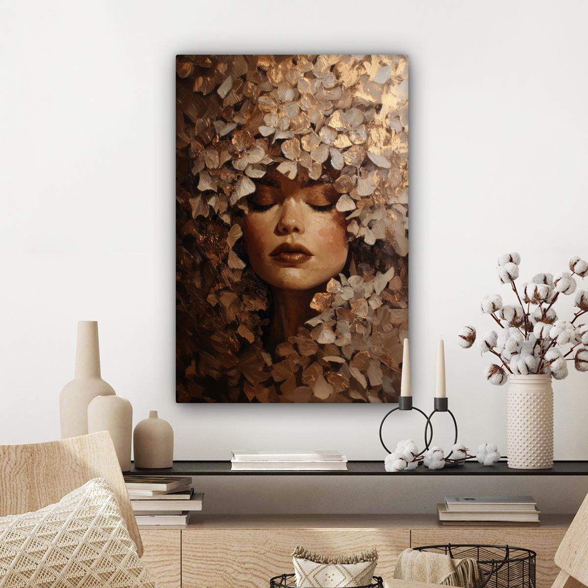 LEINWANDBILD Gesicht - Dame - Blätter - Pinselstriche Wanddeko 40x60 cm - Goldfarben, Textil (40/60cm) - MuchoWow