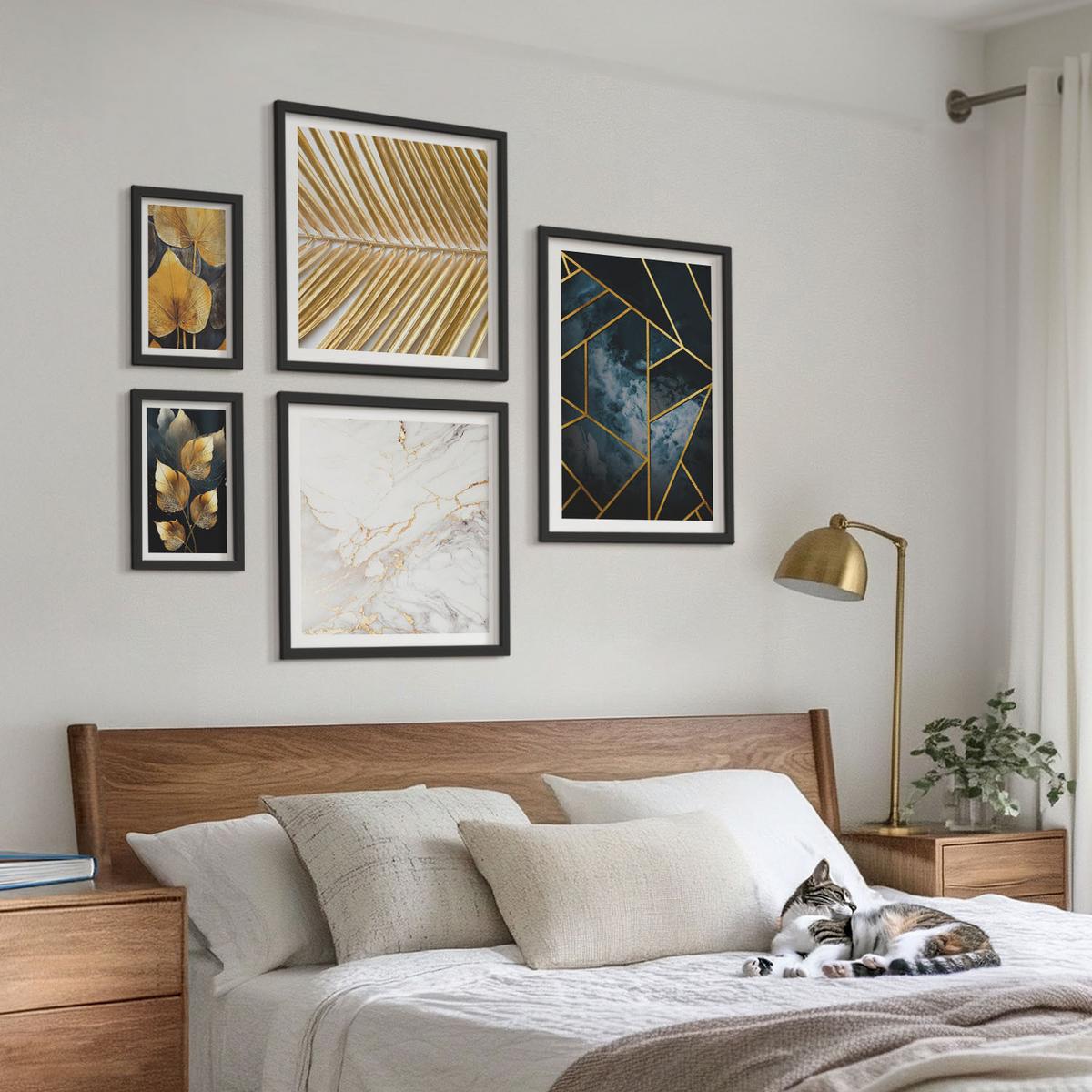 BILDER SET 5er Set - 50x50 cm & 20x30 cm & 40x60 cm Schwarzer Rahmen - Moderne Pflanzenmuster - Schwarz, Kunststoff (40/60cm) - TULUP