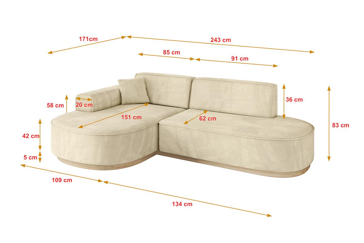 ECKSOFA Ottomane Links MARI-L1-v1 - 243x171x83 cm Beige Velours - Beige, Holzwerkstoff/Textil (243/171cm) - ALTDECOR