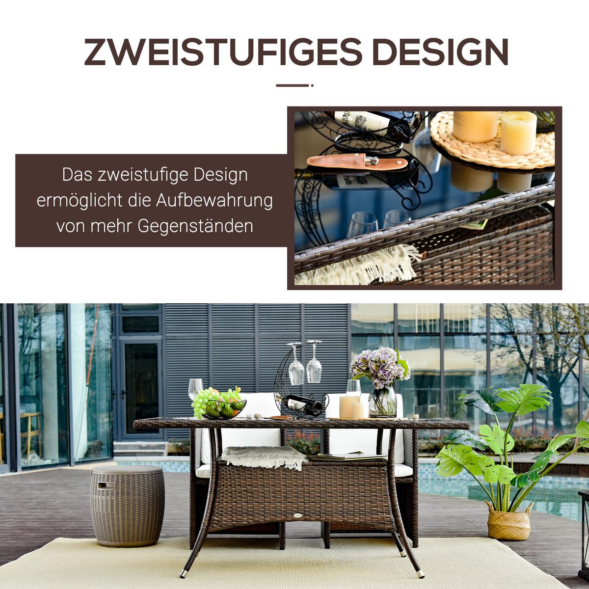 ESSTISCH, Braun + Schwarz, Metall, Sicherheitsglas, Polyrattan - Braun, Kunststoff (150/85/74cm) - Outsunny