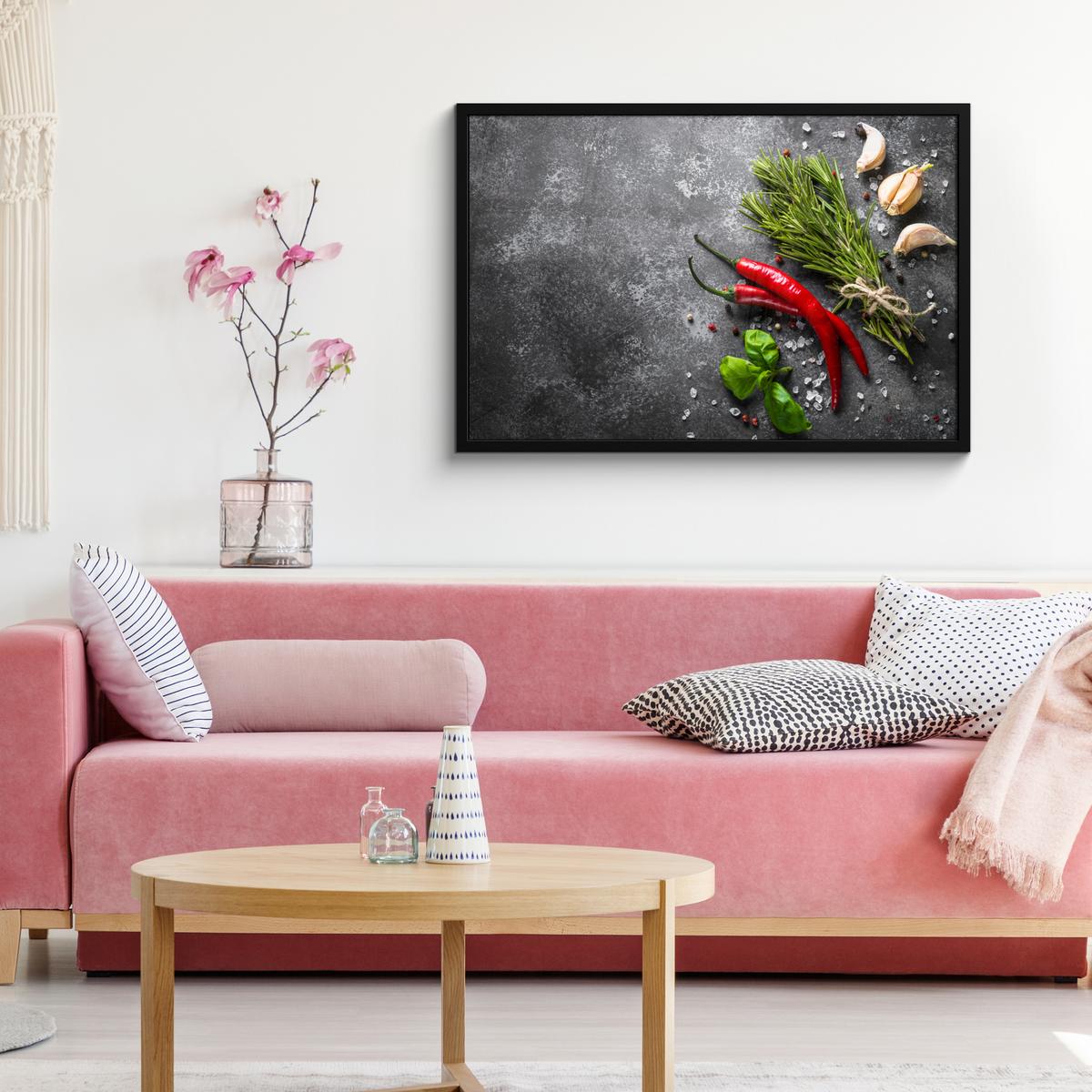 POSTER MIT RAHMENGERAHMTES BILD Pfeffer - Kräuter - Gewürze - Beton 90x60 cm - Dunkelgrau, Papier (90/60cm) - MuchoWow