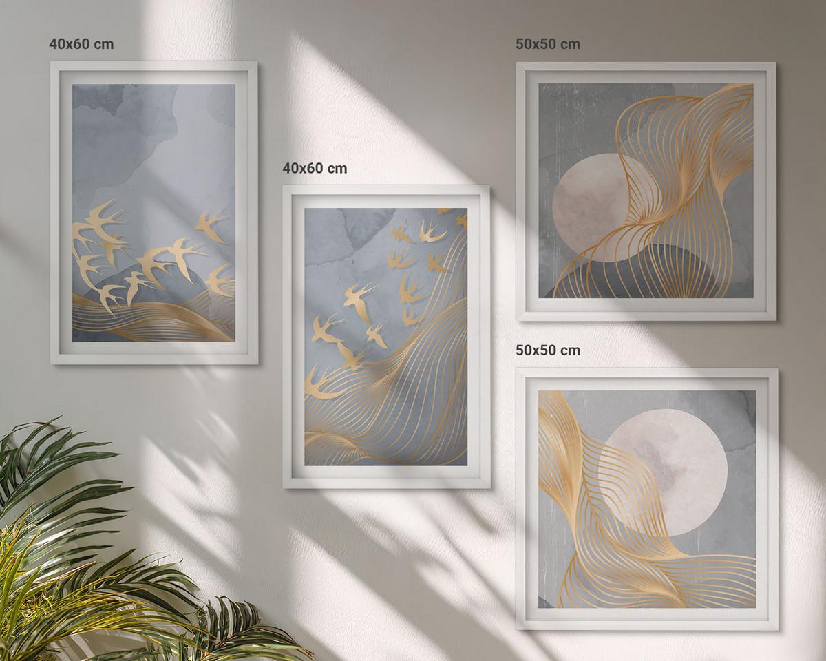BILDER SET 4er Set - 50x50 cm & 40x60 cm Weißer Rahmen - Vögel im Flug, Himmel, Mond - Weiß, Kunststoff (50/50cm) - TULUP