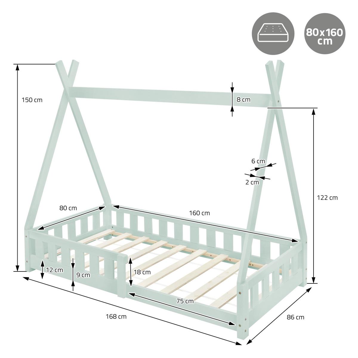 KINDERBETT Tipi mit Matratze 80x160 cm Mint - Mintgrün, Holz (80/160cm) - ML-DESIGN
