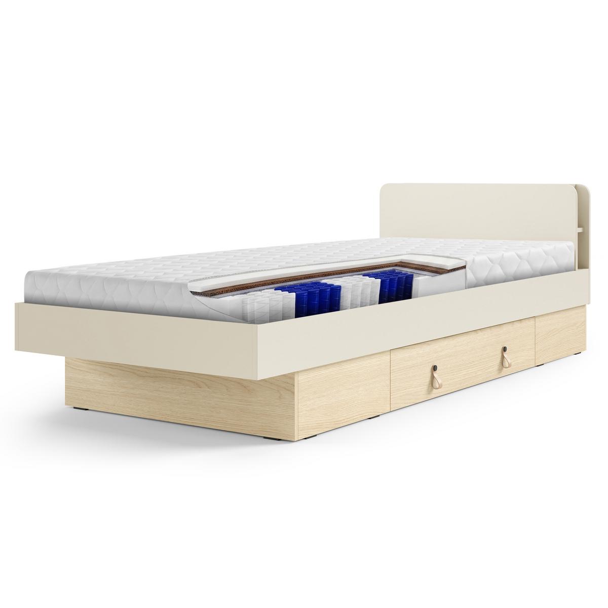 BETT Sorella 90x200 cm mit Lattenrost und Bettkasten-Schublade, mit Matratze 26 cm, Macadamia + Eiche Mavelie - Eichefarben/Beige, Leder/Holzwerkstoff (90/200cm) - Beautysofa