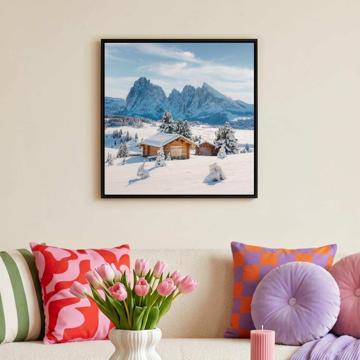 LEINWAND Bilder mit Rahmen - Winter - Hütte - Berge - Aussicht - Schnee - 50x50 - Eichefarben, Textil (50/50cm) - MuchoWow