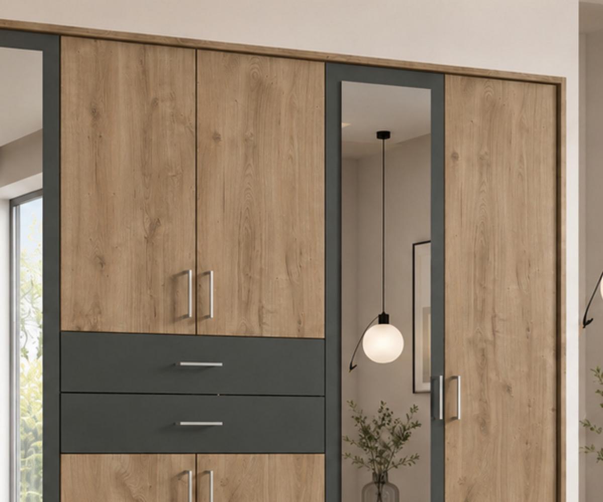 DREHTÜRENSCHRANK Kleiderschrank B273/H210/T58 cm mit Passepartout, Schubkästen & 2 Spiegeltüren, Eiche Dekor mit Absetzungen in Grafit / 22603 - Eichefarben/Silberfarben, Holzwerkstoff/Kunststoff (273/210/58cm) - luma-home